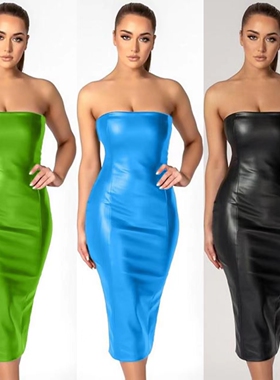 ladies party dress sexy 欧美PU皮修身抹胸后开叉欧美性感连衣裙