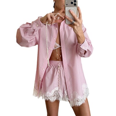 欧美纯色翻领长袖衬衫蕾丝拼接短裤套装 women shirt+short set