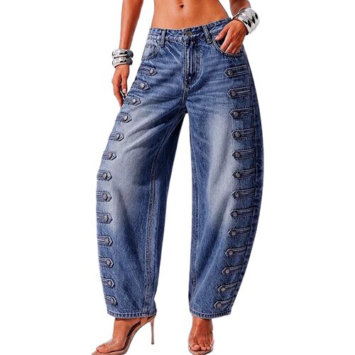 2026欧美高腰宽松街头潮人百搭纽扣水洗牛仔裤 women jeans pants