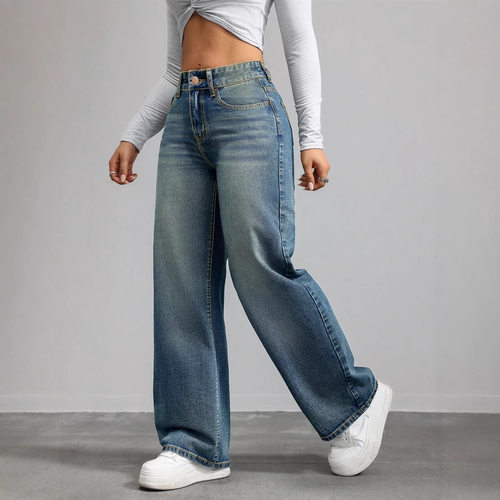 欧美复古蓝色宽松直筒裤牛仔裤women loose jeans pants trousers