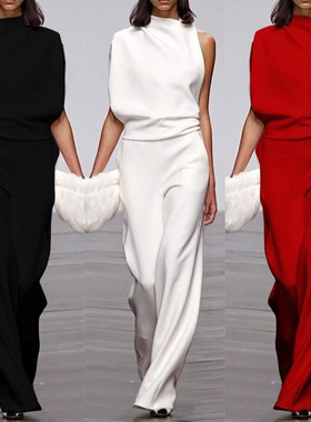 women evening sexy long jumpsuit 欧美单肩袖休闲通勤连体裤