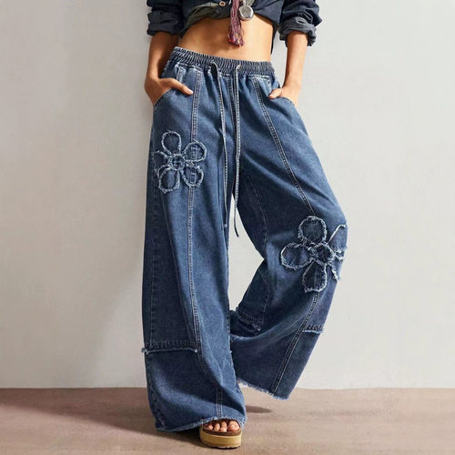 速卖通跨境外贸牛仔裤 美式复古新款花卉拼接拖地长裤women jeans
