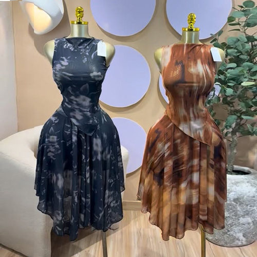 欧美印花一字领无袖衬衫高腰半身裙两件套 Ladies sexy dress set