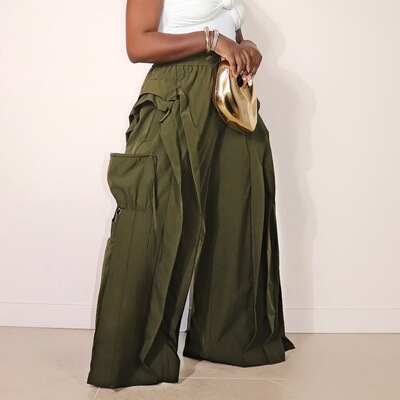 women loose pants 2026欧美街头穿绳荷叶边宽松拼接花边直筒长裤