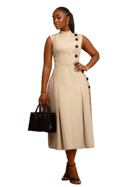 Ladies slim party dress 欧美优雅气质收腰立领无袖纽扣连衣裙