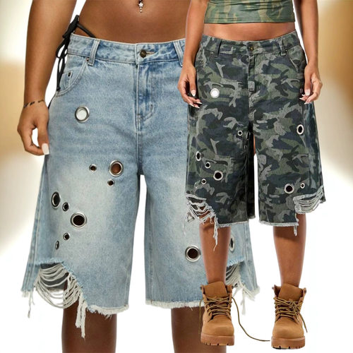 欧美特色鸡眼牛仔迷彩割破牛仔五分裤女women jeans shorts pants