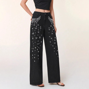 JEANS loose pants women 2026欧美钉珠休闲宽松显瘦Z直筒牛仔长裤