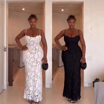 Ladies lace dress women 欧美2026蕾丝绑带开叉吊带连衣裙长裙