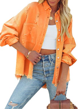 欧美2024翻领长袖复古街头破洞毛边牛仔外套 women jeans jacket