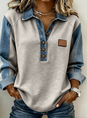 欧美风针织翻领长袖衬衫拼接牛仔女 men fashion shirt coat 2026