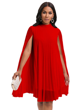 新款气质时尚雪纺套头斗篷蝙蝠袖大码连衣裙 women loose dress