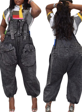women loose jeans jumpsuit 欧美时尚百搭阔腿牛仔宽松背带裤
