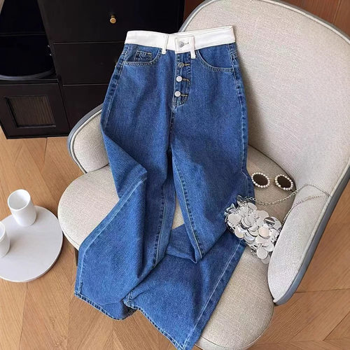 欧美腰头拼接高腰显瘦宽松直筒裤子筒裤 women loose jeans pants