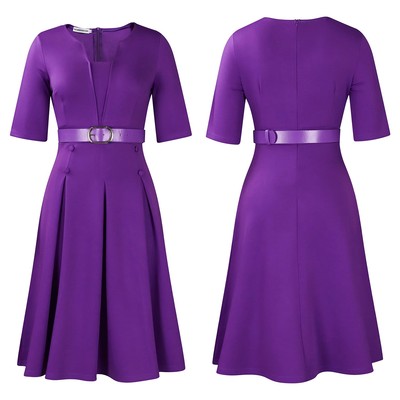 women dress+belt ladies party 2025大码优雅气质纯色五分袖非洲