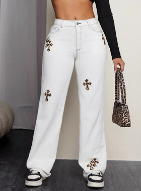 欧美INS直筒休闲豹纹十字架牛仔裤women white jeans pants 2025
