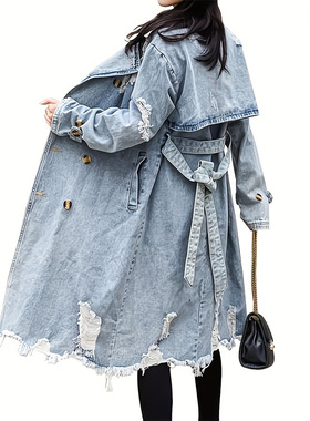 2024欧美复古牛仔风衣外套女中长款过膝收腰气质women jeans coat