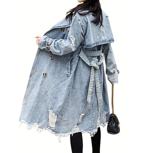 2024欧美复古牛仔风衣外套女中长款过膝收腰气质women jeans coat