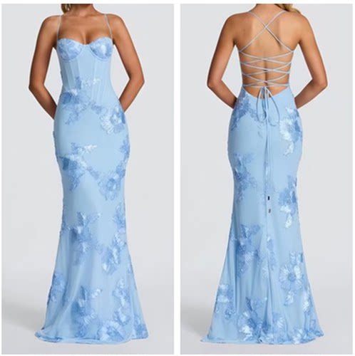 Ladies sexy dress slim women刺绣露背交叉绑带长裙花卉宴会礼裙