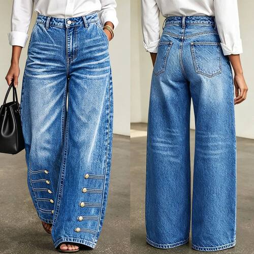 2026欧美高腰阔腿纽扣街头潮人牛仔裤女 women loose jeans pants