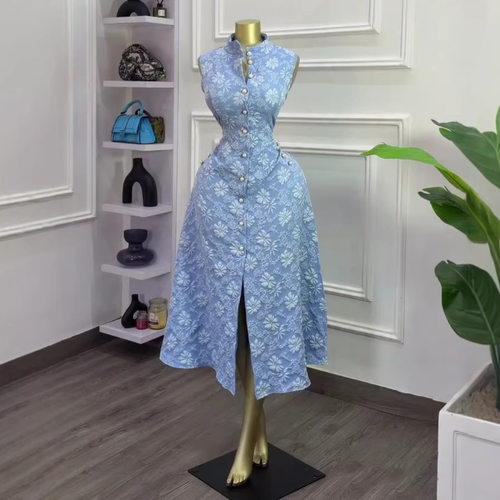 Ladies dress fashion women欧美气质优雅蓝色碎花修身连衣裙2026