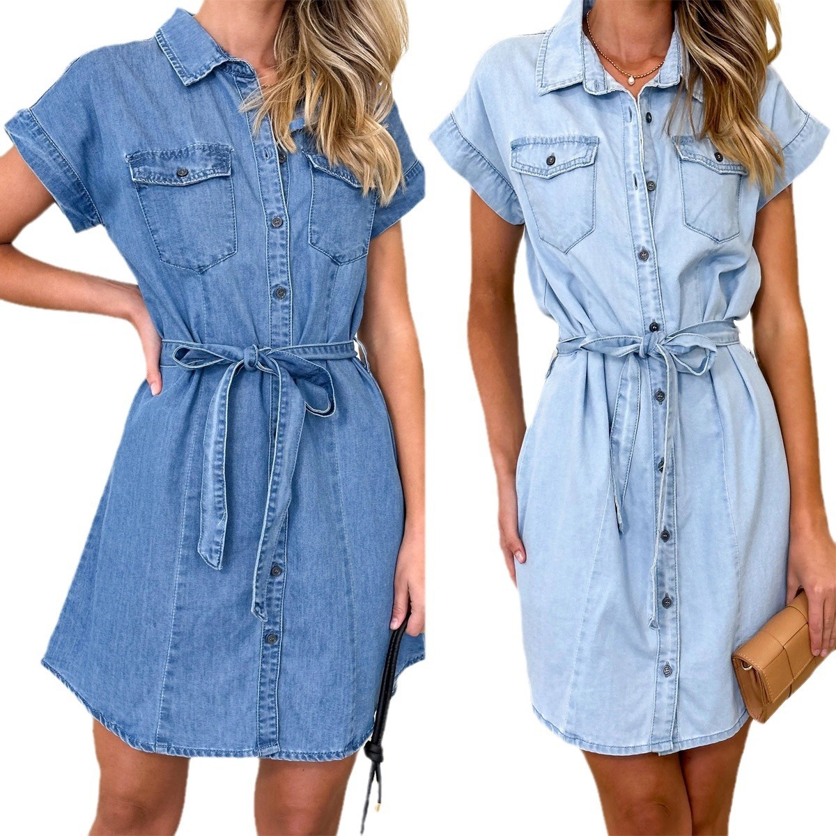 women fashion jeans dress 2024欧美时尚宽松休闲牛仔短袖连衣裙 女装/女士精品 连衣裙 原图主图