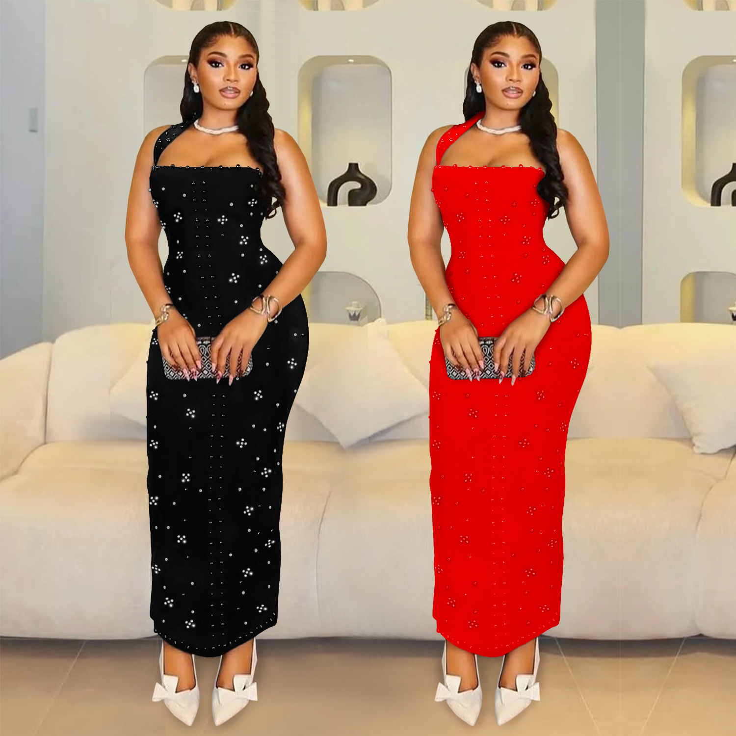 Ladies sexy party dress 欧美时尚挂脖烫钻泡珠修身包臀连衣裙