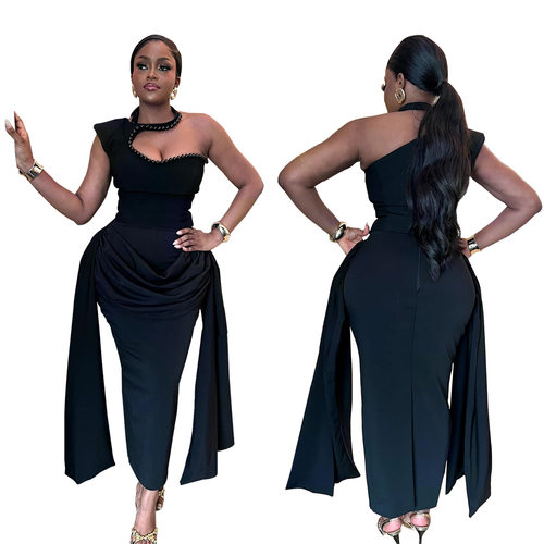 2026斜肩镂空飘带高腰修身显瘦连衣裙Ladies evening dress women