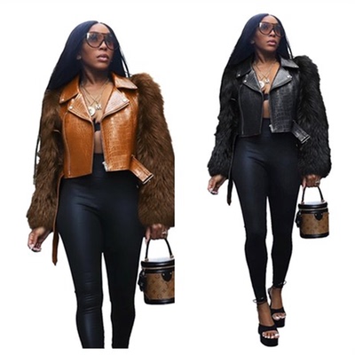 women jacket leather coat fashion 皮毛机车外套短款仿皮夹克女