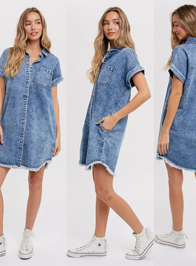 2024欧美宽松女士开衫牛仔短袖连衣裙 women loose jeans dress