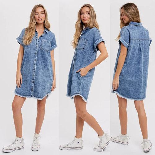 2024欧美宽松女士开衫牛仔短袖连衣裙 women loose jeans dress