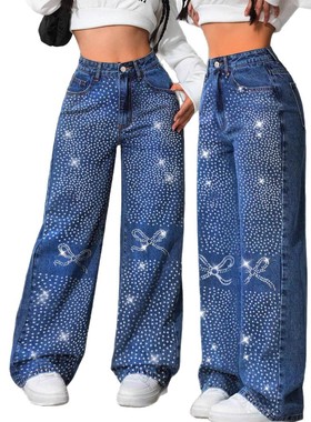 women loose jeans 2025美式复古蓝色牛仔裤烫钻蝴蝶宽松直筒长裤