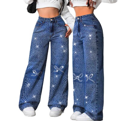 women loose jeans 2025美式复古蓝色牛仔裤烫钻蝴蝶宽松直筒长裤