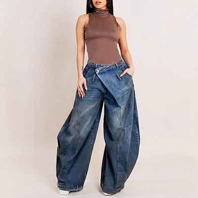 2026欧美复古做旧水洗阔腿女牛仔裤长裤 women loose jeans pants