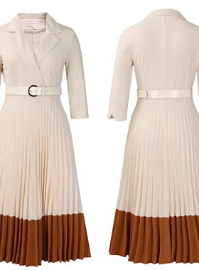 women dress+belt 2025 欧美时尚女装西装领时尚 OL 优雅压褶非洲