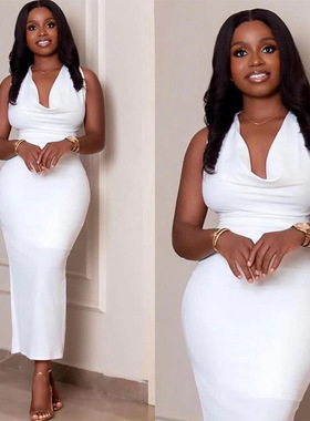 欧美深V领挂脖露背包臀长裙性感褶皱连衣裙礼服Ladies sexy dress