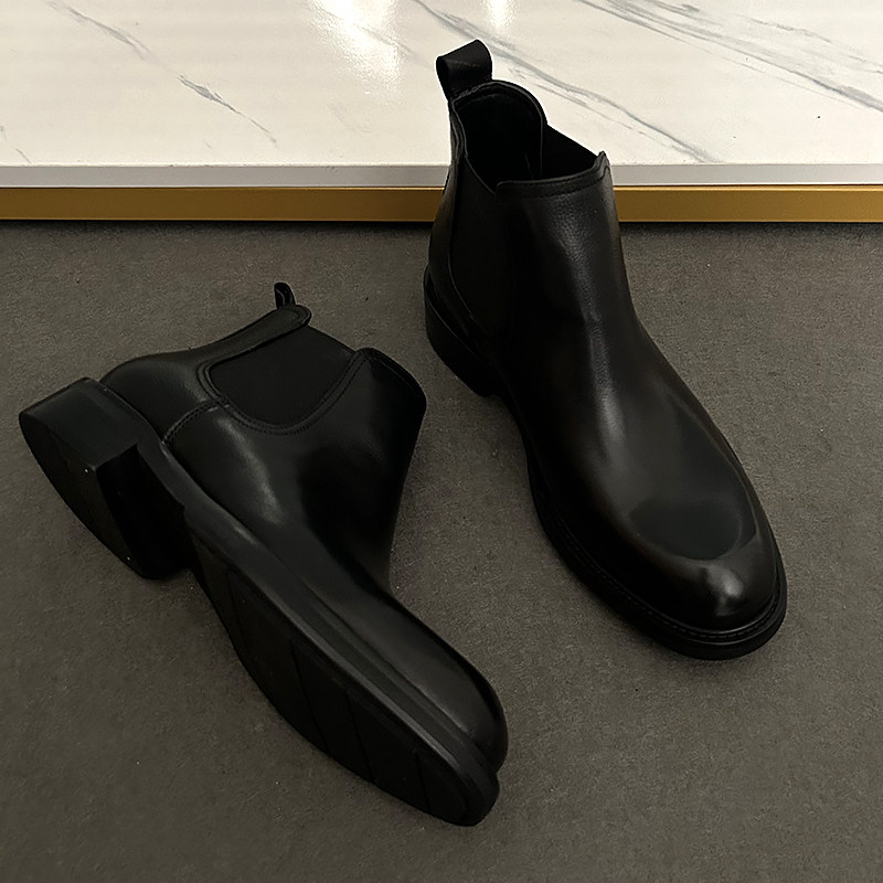 秋冬新款小圆头软底软面英伦百搭款切尔西男款高帮真皮皮靴商务男,流行男鞋,切尔西靴,淘宝优惠券,粉丝福利购,淘宝优惠卷