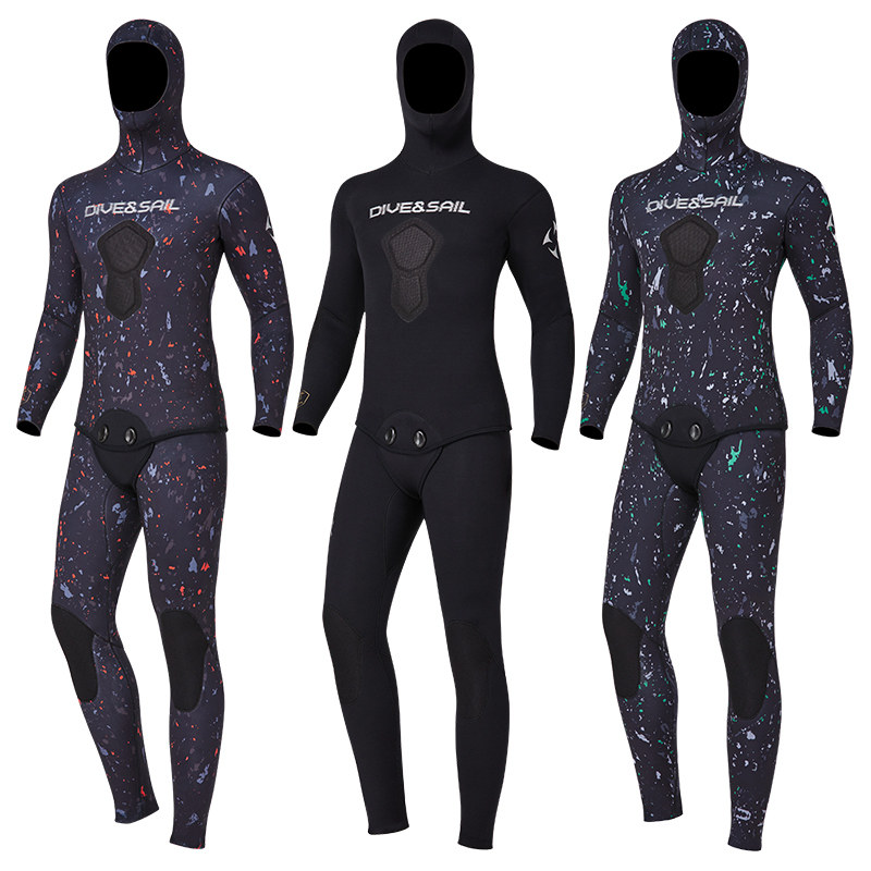 潜水服1.5-7mm分体伪装渔猎服套装CR半干式加厚保暖连帽潜水衣男