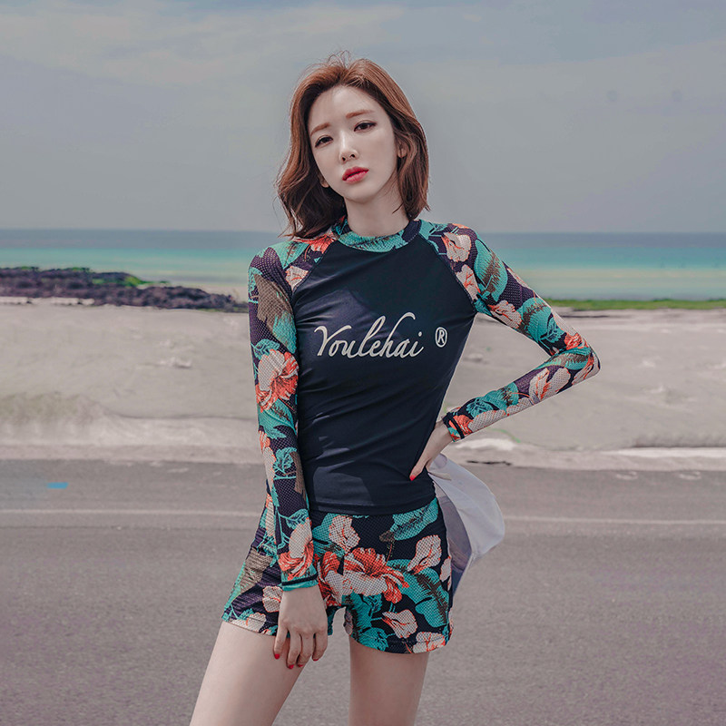 潜水泳衣女保守t两件套分体式游泳衣长袖潜水服休闲冲浪泡温泉