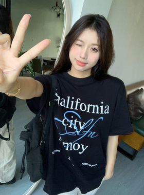 32062官图*180克双磨牛奶丝夏季t恤短袖学生慵懒印花中长款T恤女