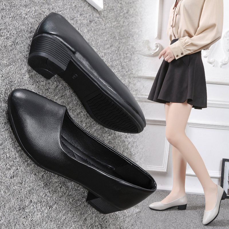 工作鞋女黑色粗跟上班久站不累脚面试软底软皮方头低跟职业单鞋女