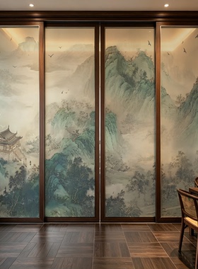 玻璃贴纸中式山水办公室静电艺术透光复古厨房玻璃门装饰贴画贴膜