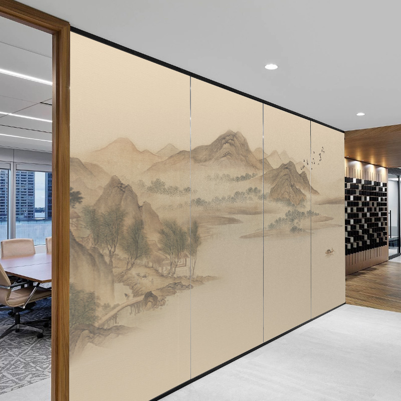 宋式美学静电磨砂玻璃贴膜办公室推拉门中式山水隐私膜透光不透明