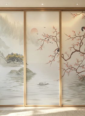 中式玻璃贴纸花鸟静电磨砂浴室推拉玻璃门透光不透明阳台装饰贴膜