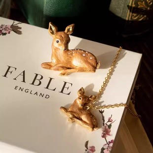 英国代购Fable England新品小鹿小卧鹿项链胸针 手工珐琅绘制