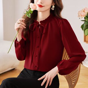 通勤感洋气长袖 优雅风系带女士衬衫 宽松衬衣女潮 新款 2025春季