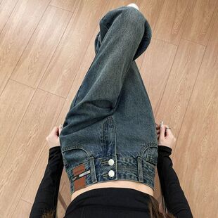 春秋直筒宽松高腰显瘦拖地阔腿牛仔裤 新款 女春季 复古双排扣牛仔裤