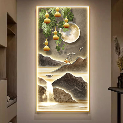 五福临门山水玄关装饰画走廊过道挂画新中式现代风景LED灯光壁画
