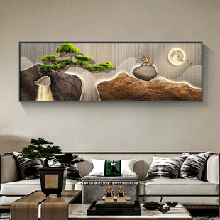 轻奢晶瓷迎客松装饰画横版客厅沙发背景墙壁画房间主卧室床头挂画