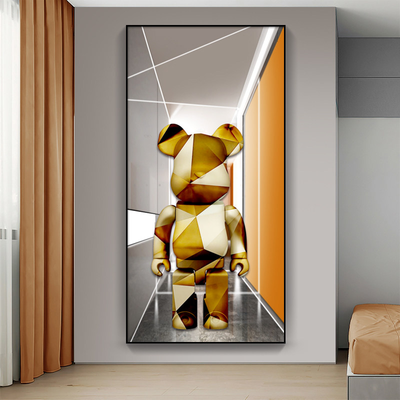 潮流卡通玄关装饰画客厅餐厅竖版走廊积木熊落地潮牌kaws公仔挂画