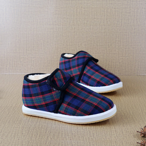 蓝格子加绒保暖棉鞋女